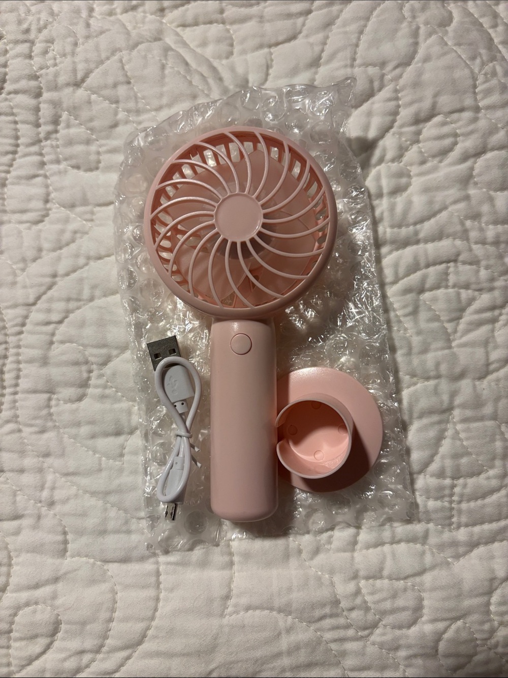 Hand held fan with stand— rechargeable with usb and three speeds